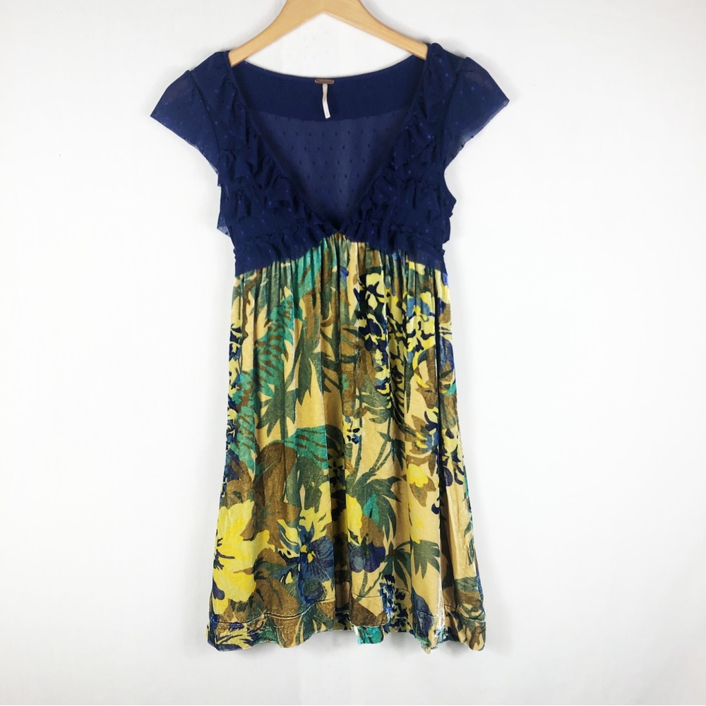 Free People Retro Velvet & Lace Babydoll Mini Dress | Yellow Blue | Size Small